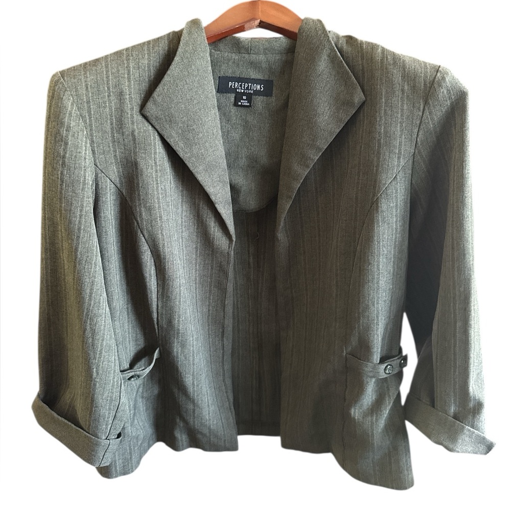 Perceptions Women's Size 10 Pinstripe Open Blazer in Gray Career Work Jacket